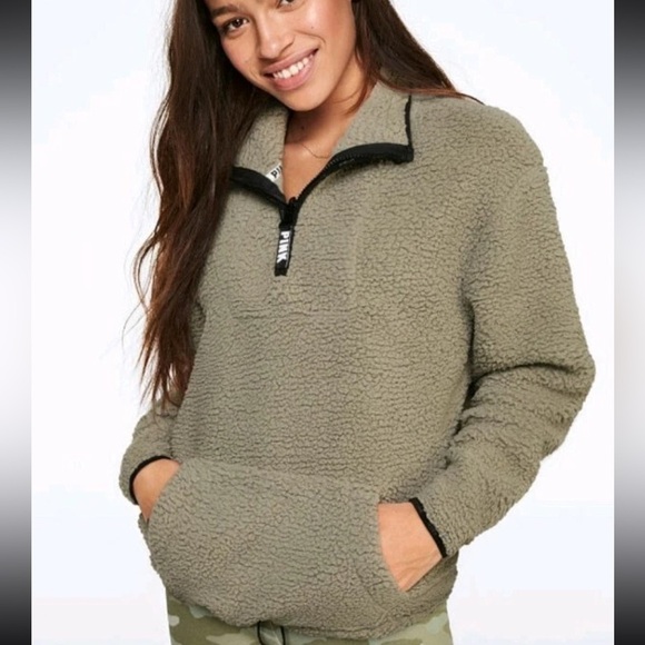 Victoria Secret PINK Green Sherpa 1/4 Zip Jacket - Picture 1 of 13